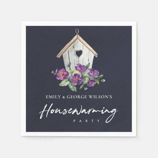 NAVY VIOLET FLORAL BIRD HUUSE HOUSEWARMING Party Servet (Voorkant)