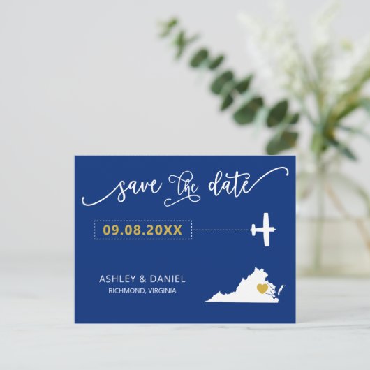 Navy Virgnia Wedding Save the Date Map Briefkaart (Staand voorkant)