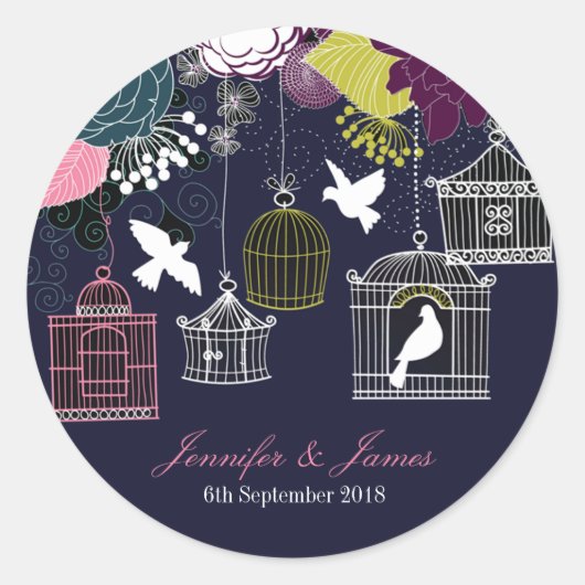 Navy vogelkooi vogelkooi duiven bruiloft gunsten ronde sticker (Voorkant)