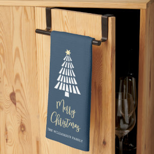 Navy Vrolijk Kerst Script 3 Bomen Eenvoudig Aangep Theedoek