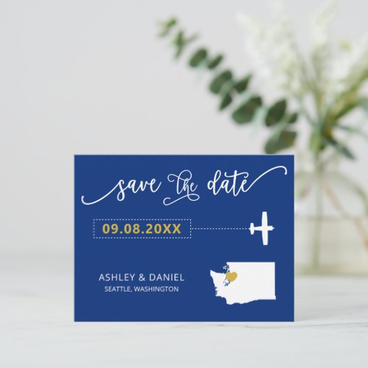 Navy Washington Wedding Save the Date Map Briefkaa Briefkaart (Staand voorkant)