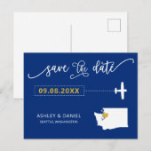 Navy Washington Wedding Save the Date Map Briefkaa Briefkaart (Voorkant / Achterkant)