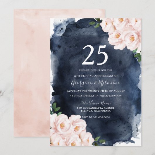 Navy Watercolor Blush Bloem 25ste Jubileum Kaart (Voorkant / Achterkant)