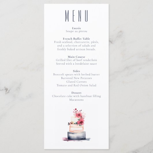 Navy Watercolor Cake Wedding Menu Card (Voorkant)