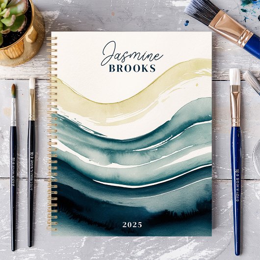 Navy Watercolor Flow 2025 Aangepaste Naam Planner