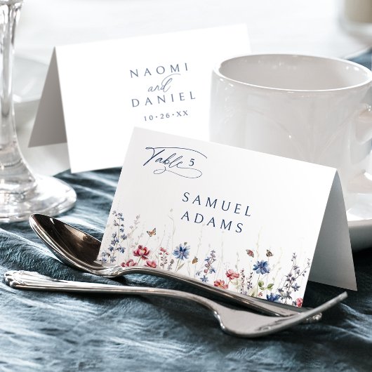 Navy Watercolor Wildflower Foldable Place Card Kaart