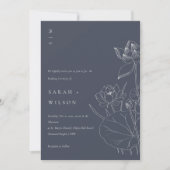 Navy Waterlily Floral Sketch Wedding Invite Bedankkaart (Voorkant)