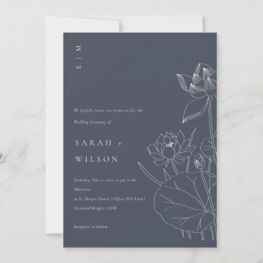 Navy Waterlily Floral Sketch Wedding Invite Bedankkaart (Voorkant)