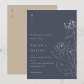 Navy Waterlily Floral Sketch Wedding Invite Bedankkaart (Voorkant / Achterkant)