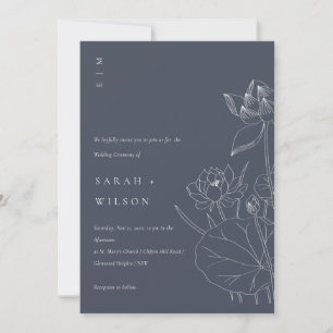 Navy Waterlily Floral Sketch Wedding Invite Bedankkaart