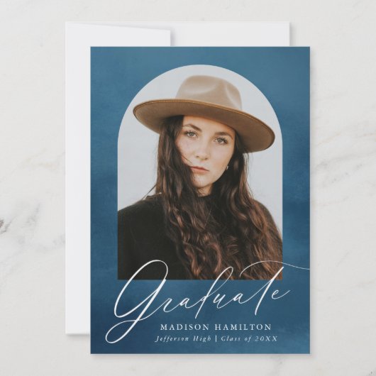 Navy Waterverf Arch Photo Afstuderen Aankondiging (Voorkant)