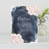Navy Waterverf Beauful Blush Floral Baptisme Kaart (Staand voorkant)