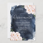 Navy Waterverf Beauful Blush Floral Quinceanera Kaart (Voorkant)