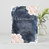 Navy Waterverf Beauful Blush Floral Quinceanera Kaart (Staand voorkant)