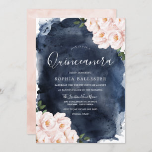 Navy Waterverf Beauful Blush Floral Quinceanera Kaart