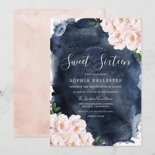 Navy Waterverf Beauful Blush Floral Sweet 16 Kaart (Voorkant / Achterkant)