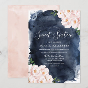 Navy Waterverf Beauful Blush Floral Sweet 16 Kaart