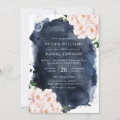 Navy Waterverf & Beauful Blush Floral Wedding Kaart (Voorkant)