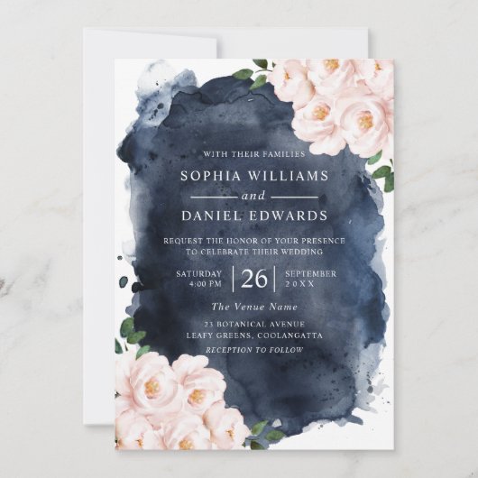 Navy Waterverf & Beauful Blush Floral Wedding Kaart (Voorkant)