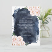 Navy Waterverf & Beauful Blush Floral Wedding Kaart (Staand voorkant)