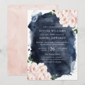 Navy Waterverf & Beauful Blush Floral Wedding Kaart (Voorkant / Achterkant)