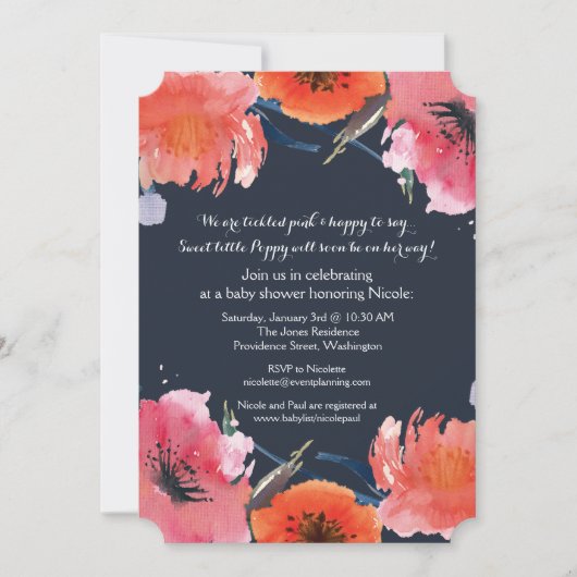 Navy Waterverf Bloemen Baby shower Party Invite Kaart (Voorkant)