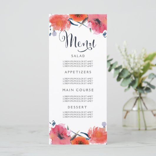 Navy Waterverf Bloemenbruiloft Menu Kaarten (Staand voorkant)