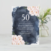Navy Waterverf Blush Floral 50th Jubileum Kaart (Staand voorkant)