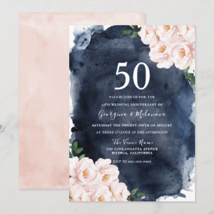 Navy Waterverf Blush Floral 50th Jubileum Kaart