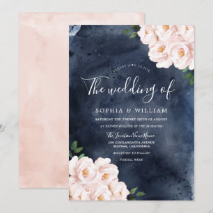 Navy Waterverf Blush Flowers Weddenschap Kaart