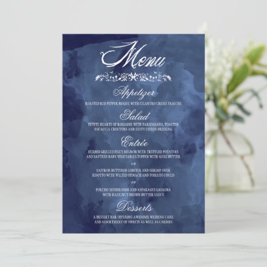 Navy Waterverf Boheemse bruiloft menu's (Staand voorkant)