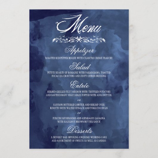 Navy Waterverf Boheemse bruiloft menu's (Voorkant)