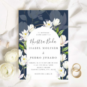 Navy Waterverf Botanische Nuestra Boda Bruiloft Kaart