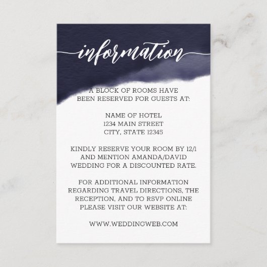 Navy Waterverf Brush Stroke Bruiloft Informatiekaartje (Voorkant)