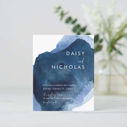 Navy Waterverf Budget Ocean Beach Bruiloft Uitnodi (Staand voorkant)