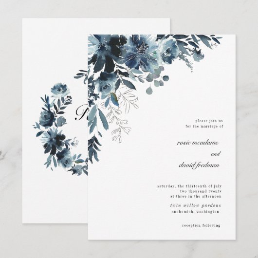 Navy Waterverf Floral bruiloft uitnodiging (Voorkant / Achterkant)