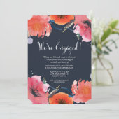 Navy Waterverf Floral Engagement Party nodigt uit Kaart (Staand voorkant)