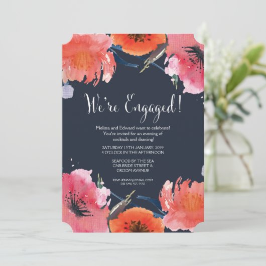 Navy Waterverf Floral Engagement Party nodigt uit Kaart (Staand voorkant)
