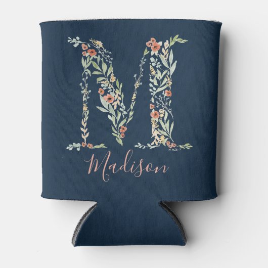 Navy Waterverf Floral Monogram "M" Blikjeskoeler (Voorkant)