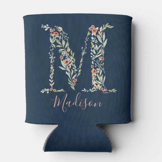 Navy Waterverf Floral Monogram "M" Blikjeskoeler (Achterkant)