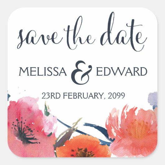 Navy Waterverf Floral Save the Date Notice Vierkante Sticker (Voorkant)