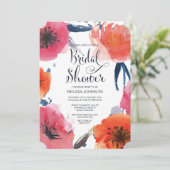 Navy Waterverf Floral Vrijgezellenfeest uitnodigen Kaart (Staand voorkant)