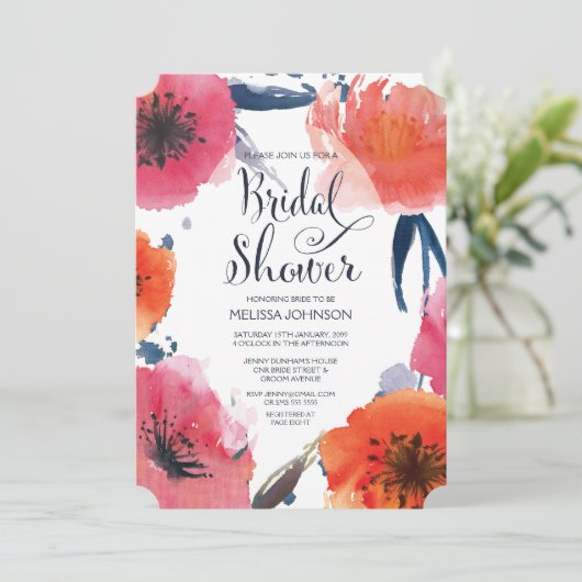 Navy Waterverf Floral Vrijgezellenfeest uitnodigen Kaart (Staand voorkant)