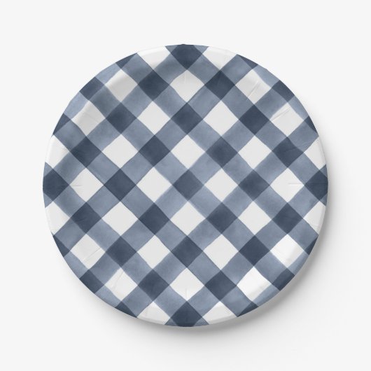 Navy Waterverf Gingham Papieren Bordje (Voorkant)