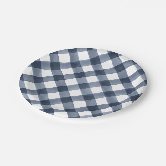 Navy Waterverf Gingham Papieren Bordje (Gekanteld)