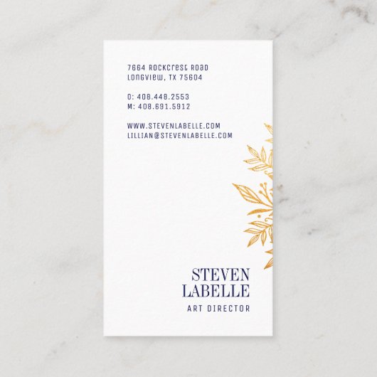 Navy Waterverf & Gold Foliage Monogram Embleem Visitekaartje (Achterkant)