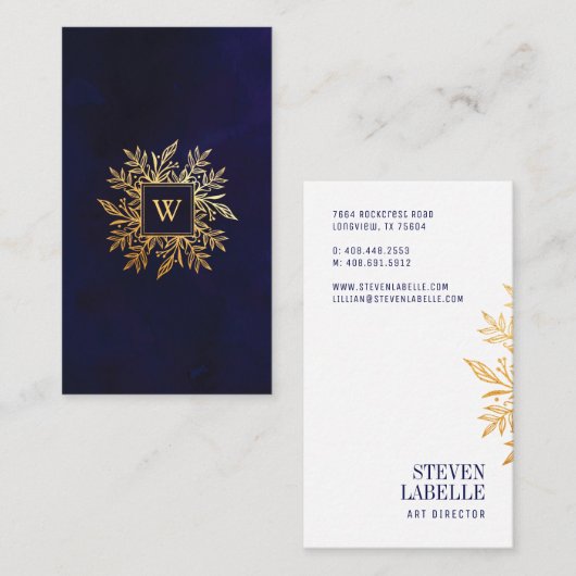 Navy Waterverf & Gold Foliage Monogram Embleem Visitekaartje (Voorkant / Achterkant)