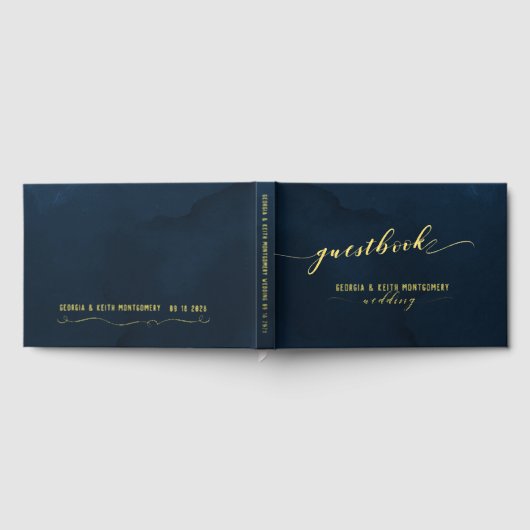 Navy Waterverf Gold Script Elegant Wedding Gastenboek (Volledig)