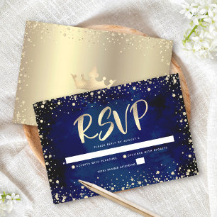 Navy Waterverf Goud Glitter Script Quinceañera RSVP Kaartje