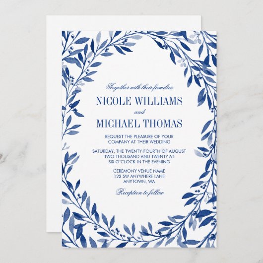 Navy Waterverf Laurel krans bruiloft Kaart (Voorkant / Achterkant)